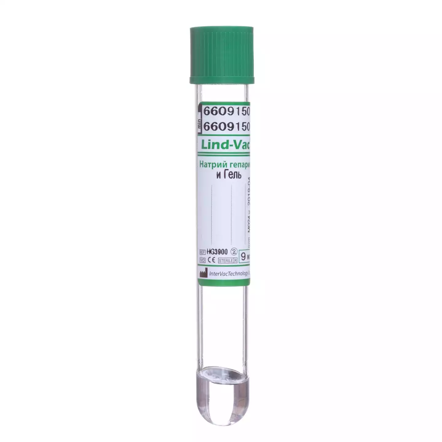 Пробирка вакуумная пластиковая Lind-Vac для взятия крови с натрий гепарином и разделительным гелем, объем 9 мл, размер 16*100 мм, цвет крышки зеленый