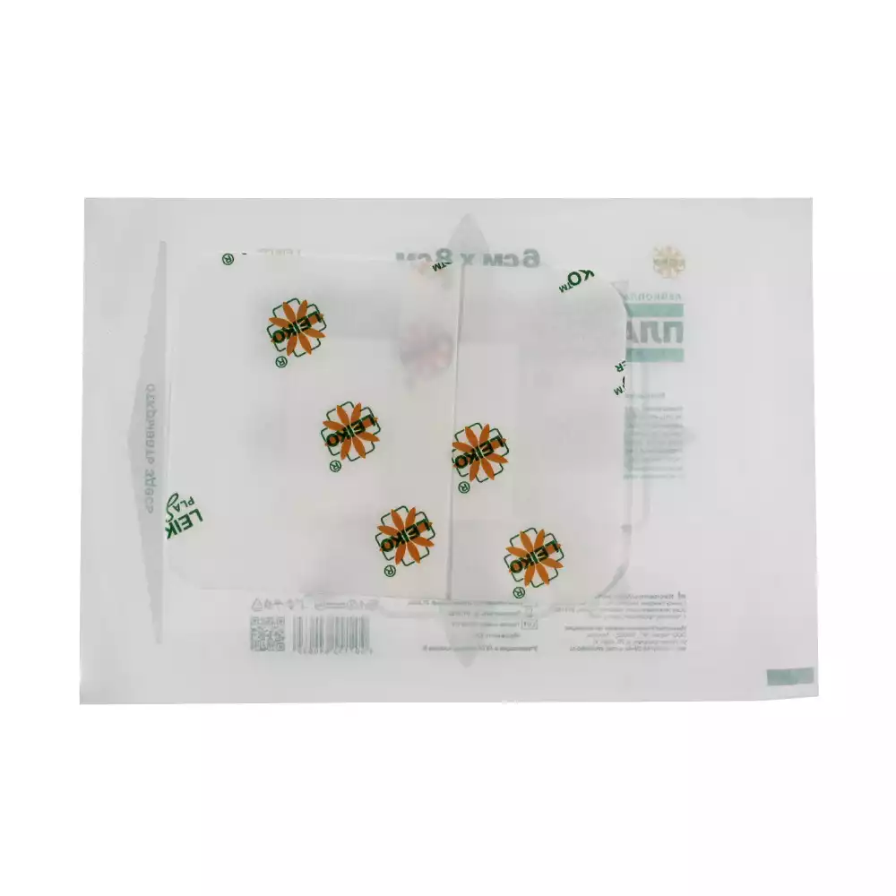 Пластырь-повязка с абсорбирующей подушечкой LEIKO нетканная для поверхностных ран, размер 6 смх8 см, стерильная