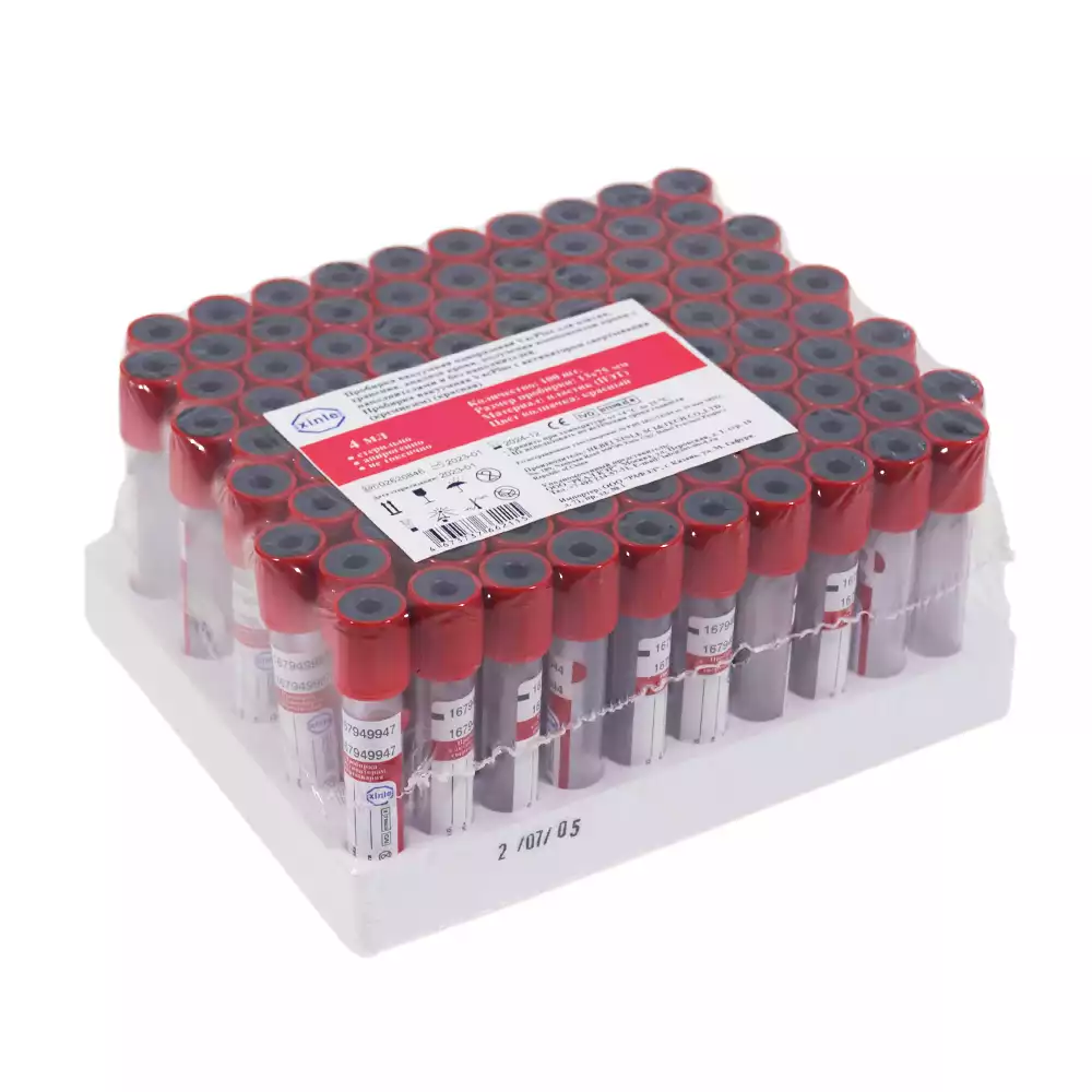 Пробирка вакуумная VacPlus пластиковая, объем 4,0 мл, размер 13*75 мм, с активатором свертывания, цвет крышки красный