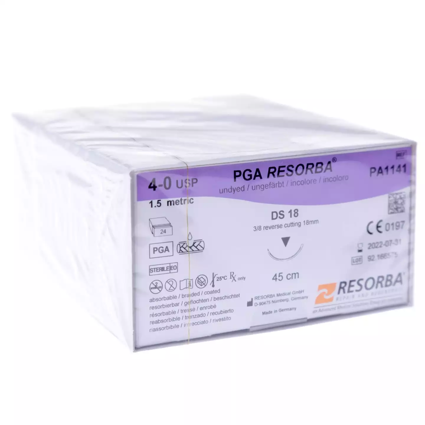 ПГА-РЕСОРБА (PGA) М 1.5 (4/0), длина 45см, игла DS 18 режущая 3/8 круга, неокрашенный, упаковка 24шт, РА 1141