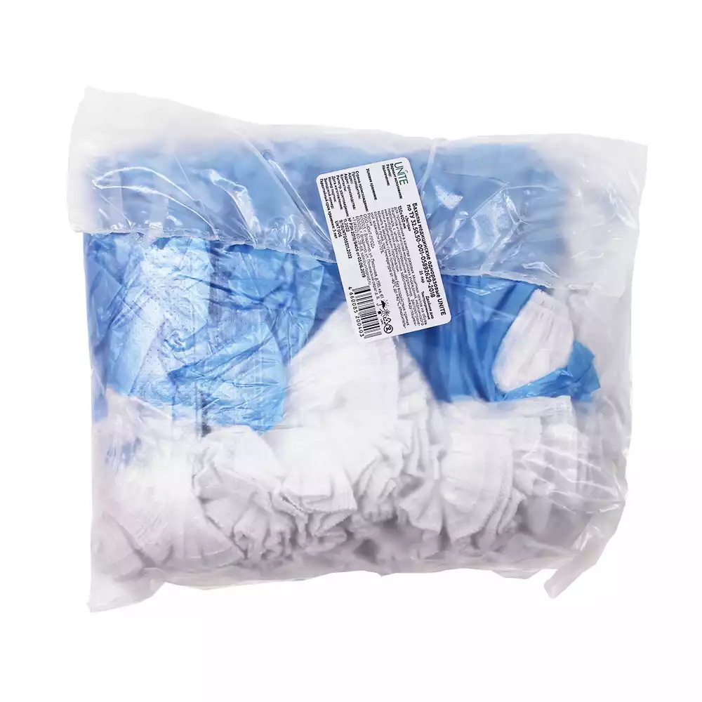 Бахилы UNITE "Экстра плюс", полиэтиленовые, двойная резинка, двойное дно, вес 5,0 гр/пара, размер 410*140мм, цвет - бело-синий