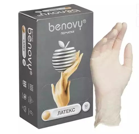 Перчатки BENOVY стоматологические, размер L, текстурированные, неопудренные, латексные, двойная хлоринация, нестерильные, упаковка 50 пар