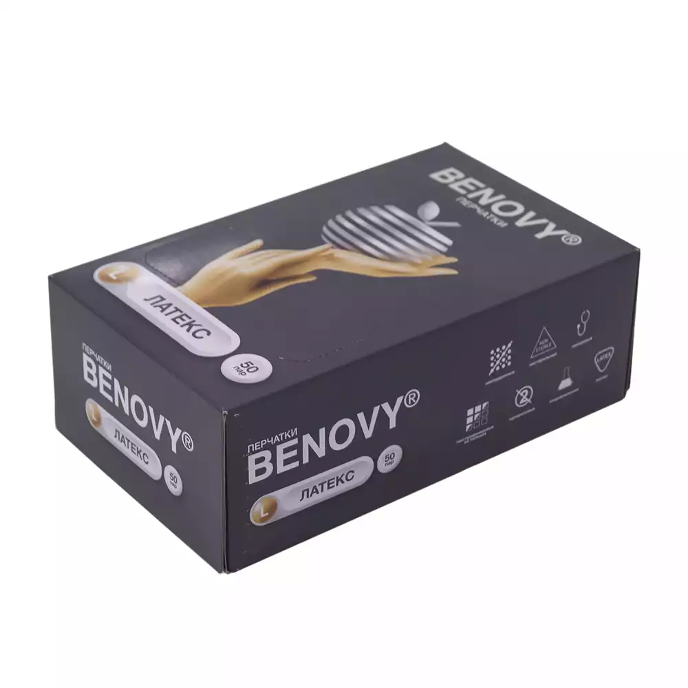 Перчатки BENOVY, размер L, латексные, неопудренные, текстурированные, нестерильные, упаковка 50 пар