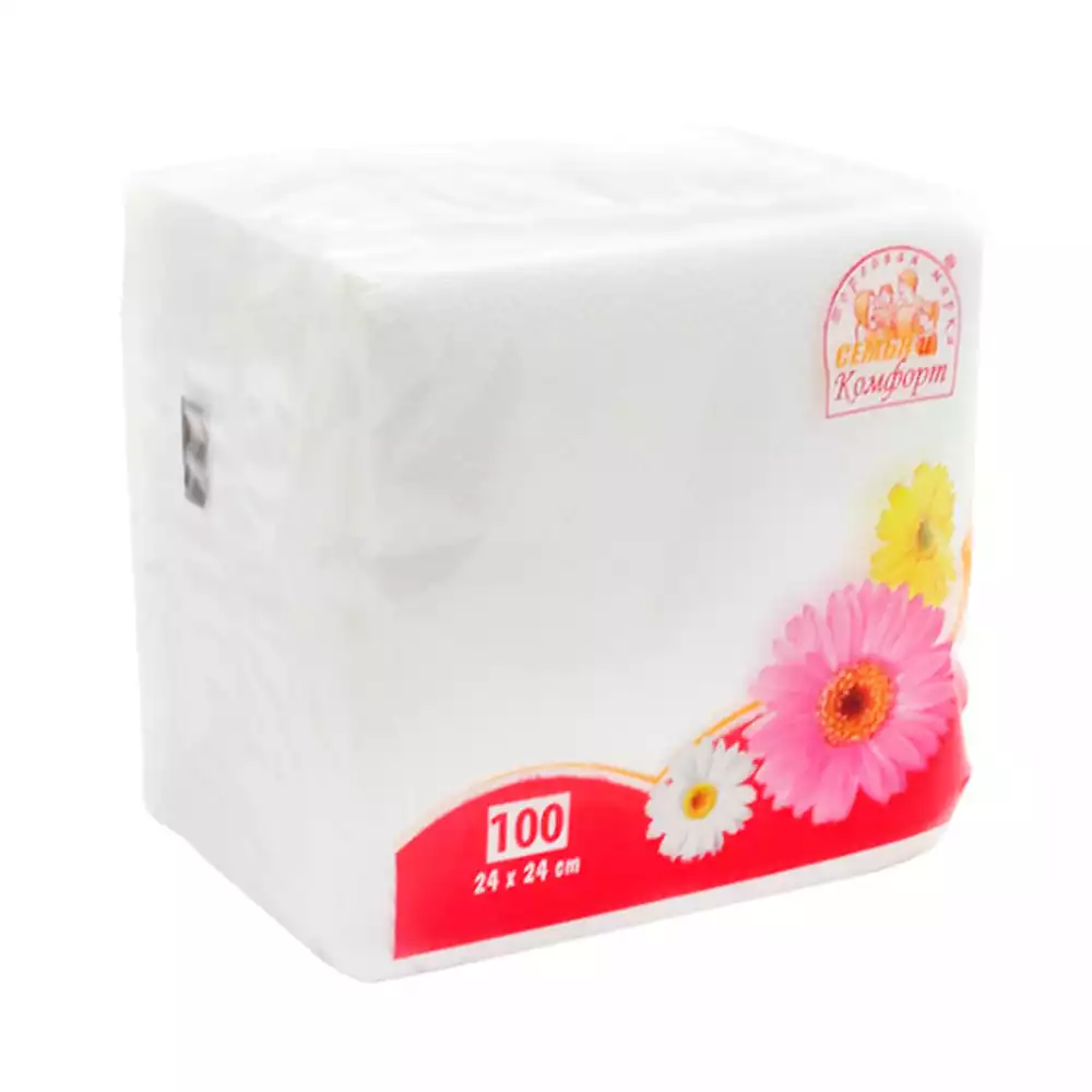 Бумажные салфетки "Семья и Комфорт" однослойные белые, размер 24*24см, пачка 100шт